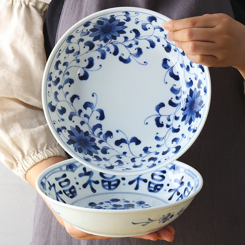 日本进口美浓烧蓝凛堂青花包邮釉下彩陶瓷日式YK210深盘菜盘钵