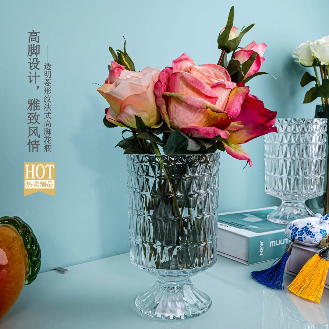 粉丝福利简约轻奢菱形纹透明筷子筒笔筒立体高脚水培花瓶高档摆件