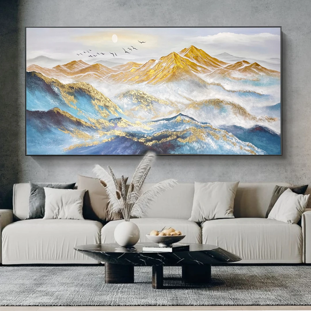 《鸿运金山》手绘金山油画简约高端客厅沙发挂画横版金山三联