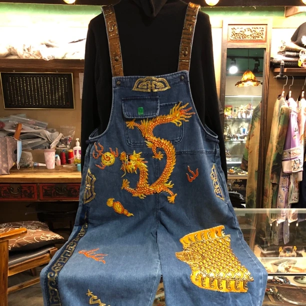 特惠新中式红原创设计作品老绣龙背带裤宽松牛仔背带