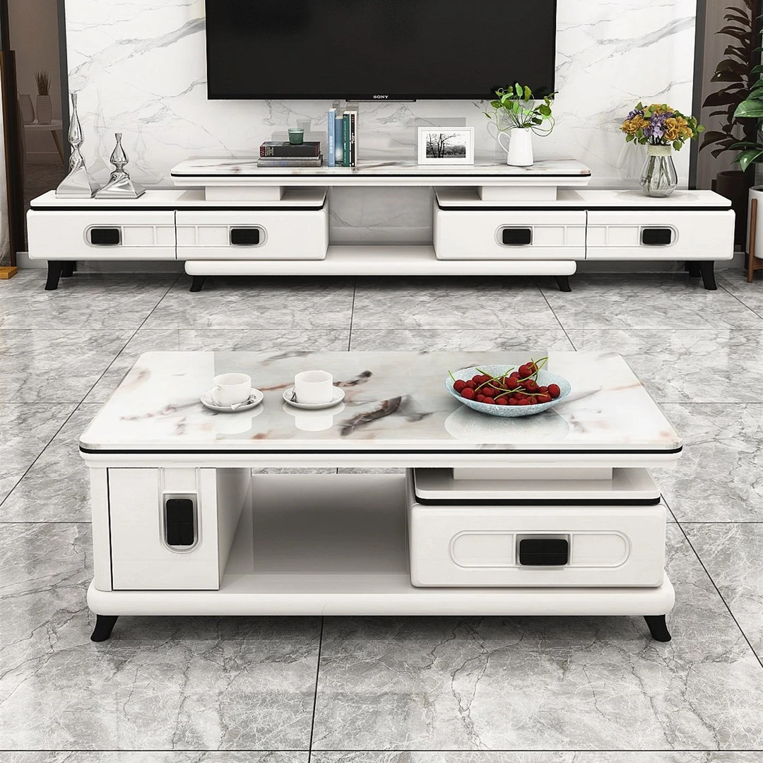 简约现代伸缩电视柜小户型钢化玻璃经济型大理石茶几组合北欧套装