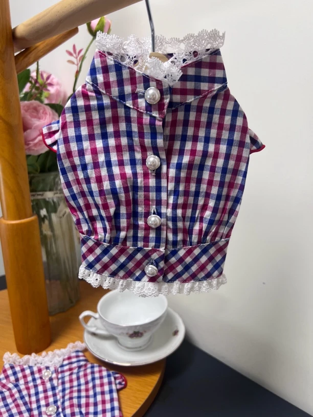 no退换宠物服装狗狗红蓝格子飞袖上衣衬衫