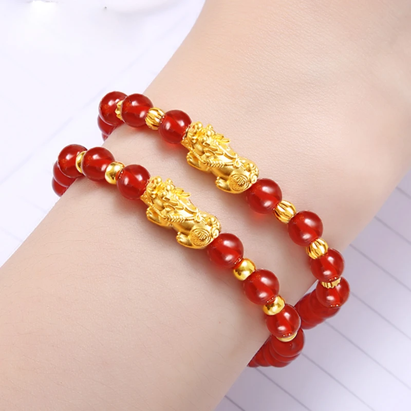 黄金貔貅手链女款999足金手饰红玛瑙手串送女友老婆生日礼物推荐