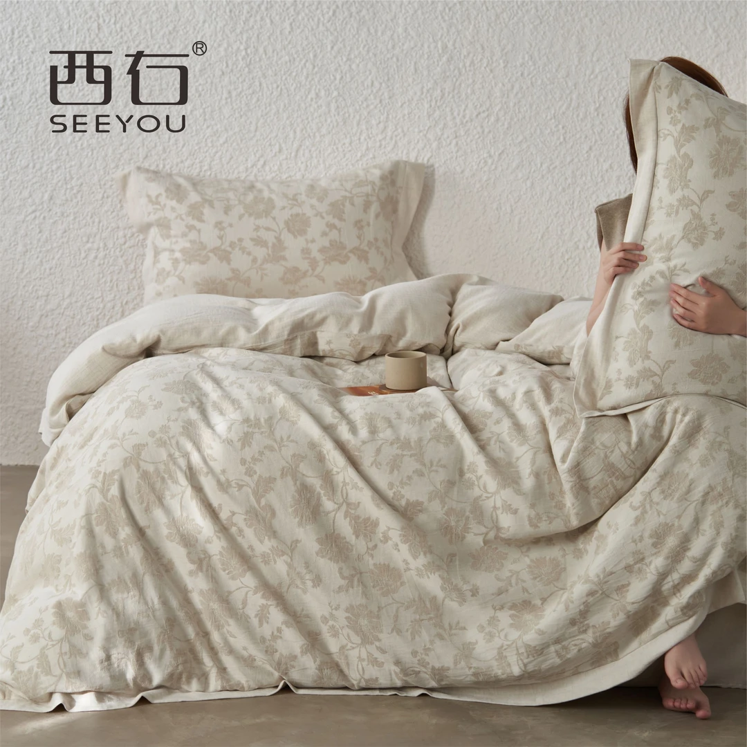 ｜棉麻三层纱贡缎提花｜秋冬高级感宅寂风麻棉提花四件套亚麻床品