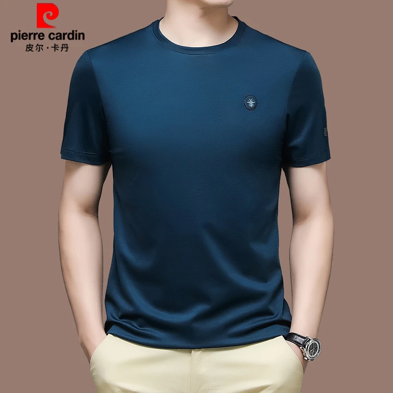 皮尔卡丹国际大牌高档桑蚕丝夏季圆领休闲t恤男纯色百搭短袖上衣