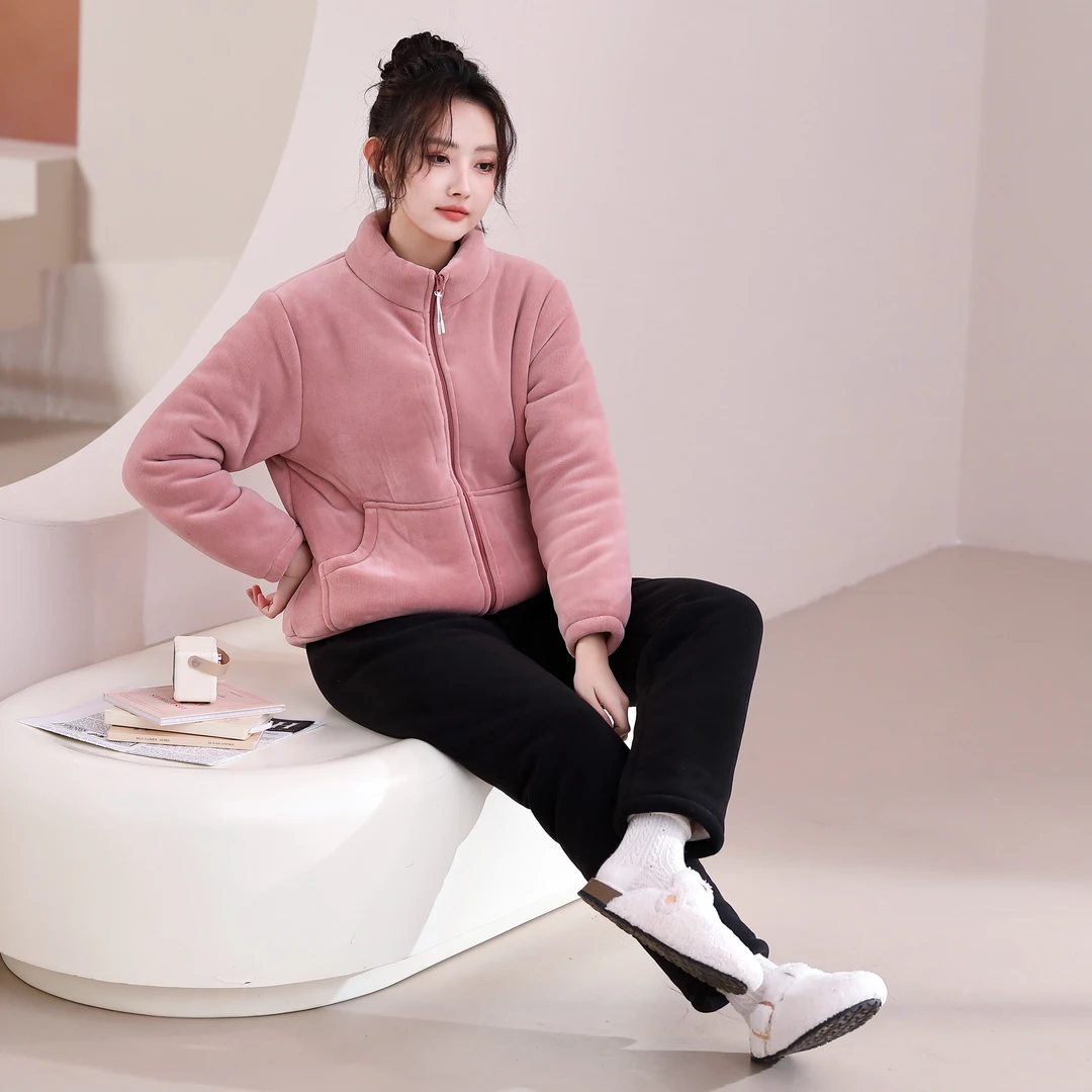 新款海豚絾拉链立领运动可外穿居家套装舒适保暖时尚款女士家居服