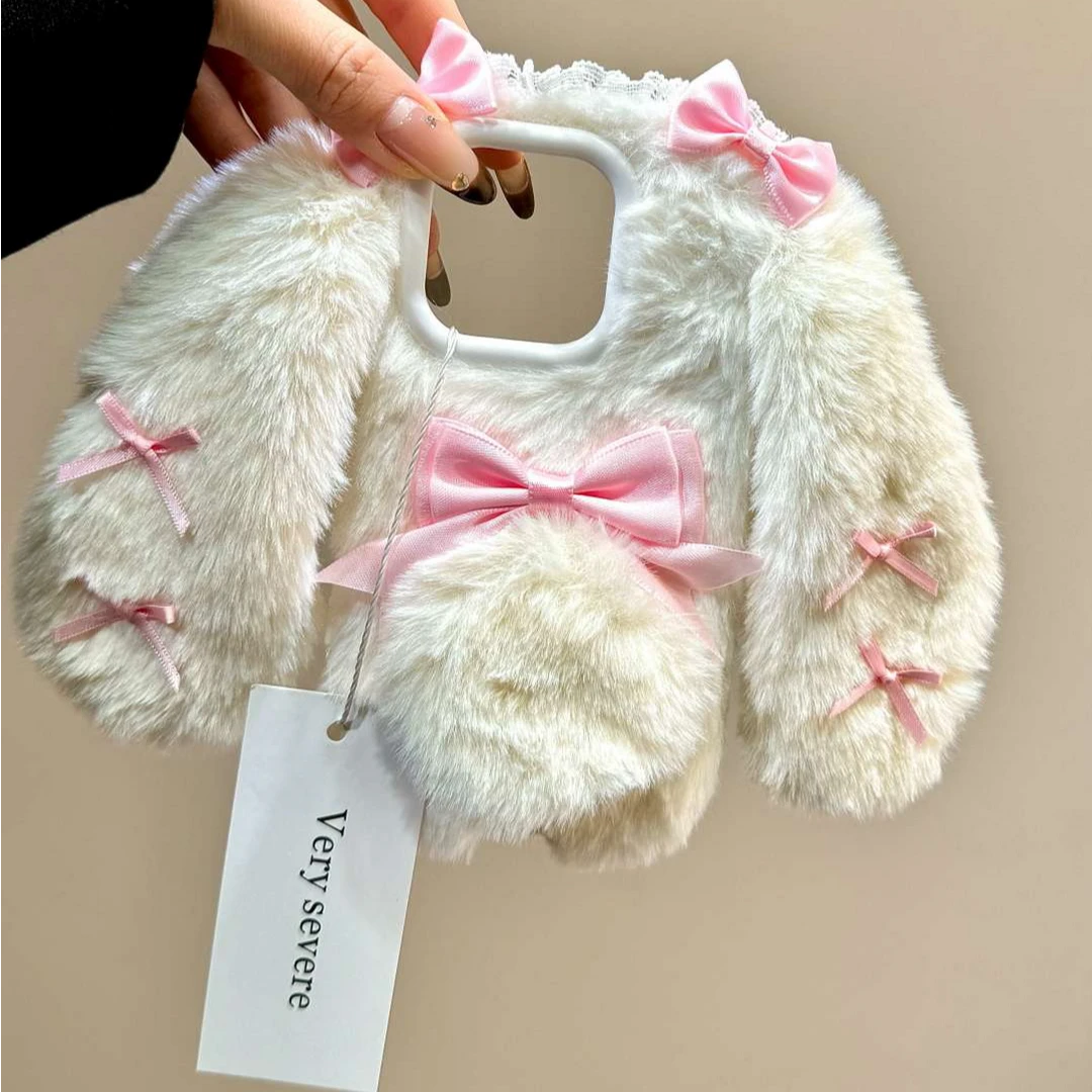 毛绒长耳朵兔子粉蝴蝶结适用苹果16promax手机壳iphone15女1413套