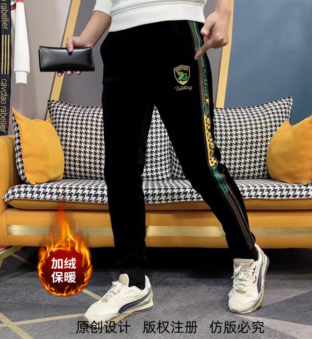 25年冬季加绒加厚男士休闲裤时尚运动百搭修身保暖刺绣长裤 7868