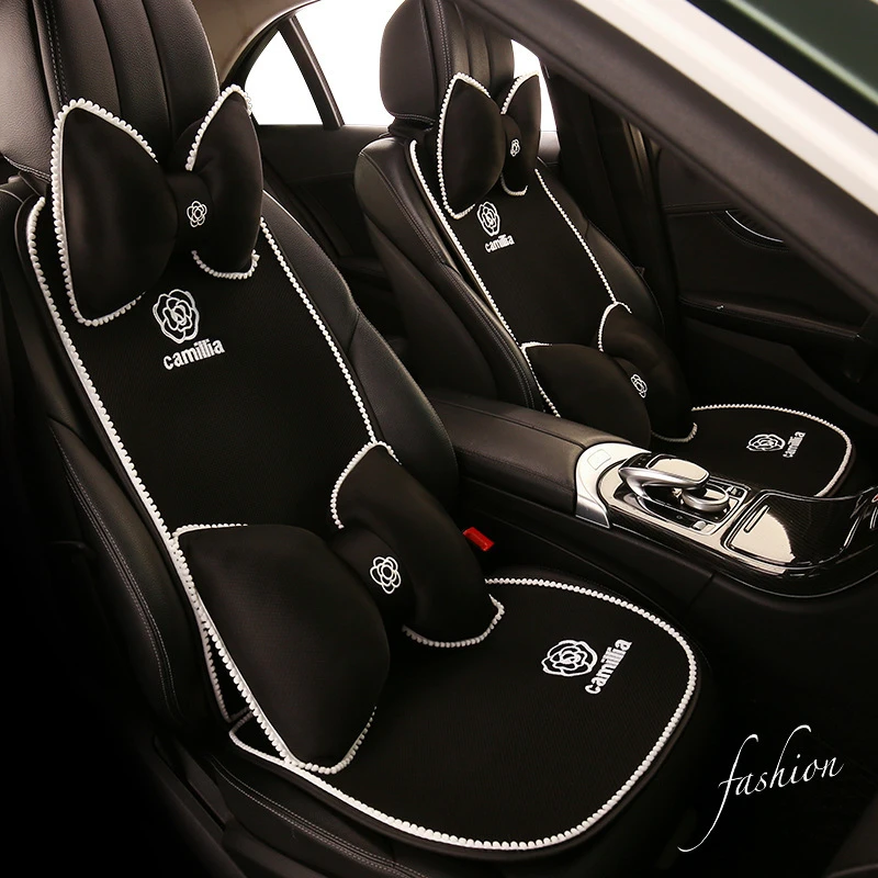 新款网红小香风汽车坐垫山茶花四季通用女士小蛮腰座椅套半包座垫