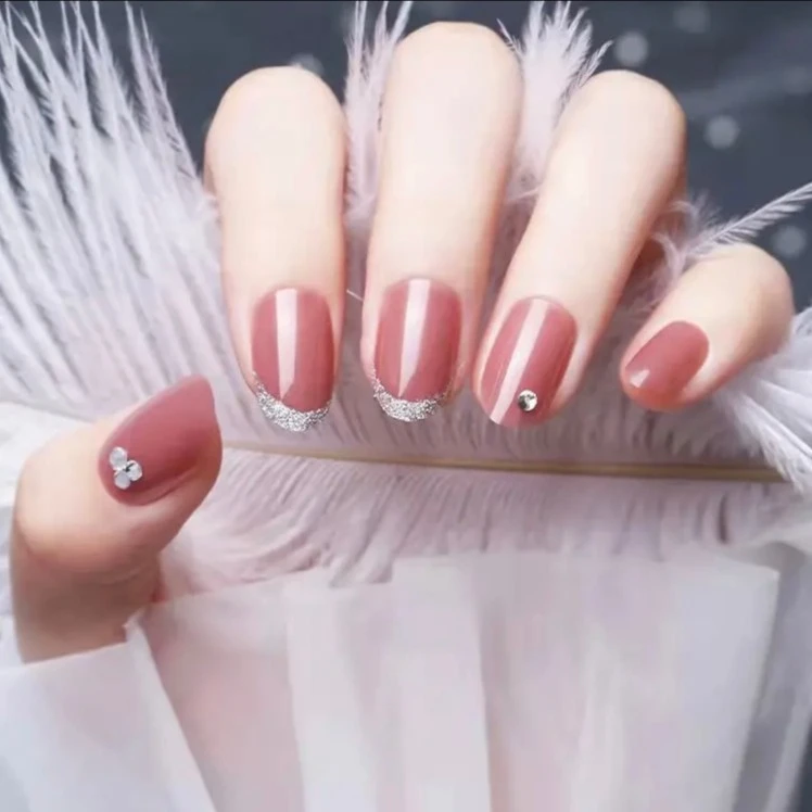 【M040】藕粉小钻穿戴美甲 中长款穿戴甲冰透