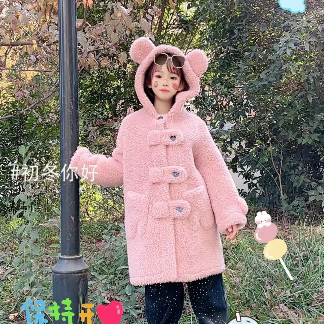 大白熊冬款加厚连帽男女同亲子中长款羊毛防寒公主外套冬季洋气