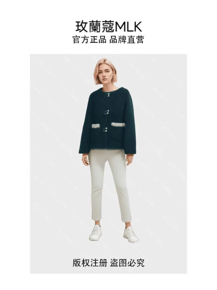 国风版小香风羊毛颗粒一体圆领显瘦气质时尚长袖上衣冬季女外套