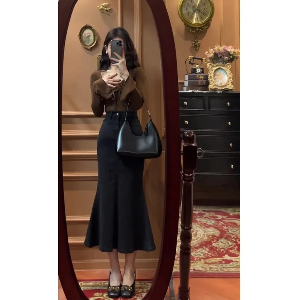 单件/套装 纯欲甜辣方领抽绳长袖上衣包臀牛仔鱼尾裙网红两件套潮