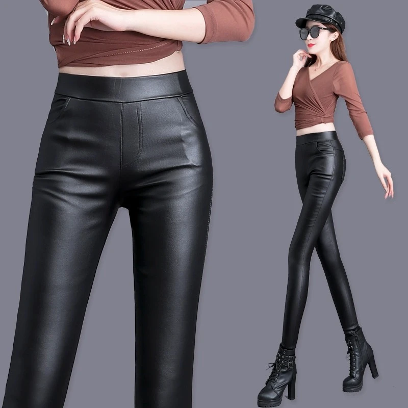 松紧腰亚光皮裤女高腰秋冬季加绒加厚pu加长紧身外穿打底通勤裤子