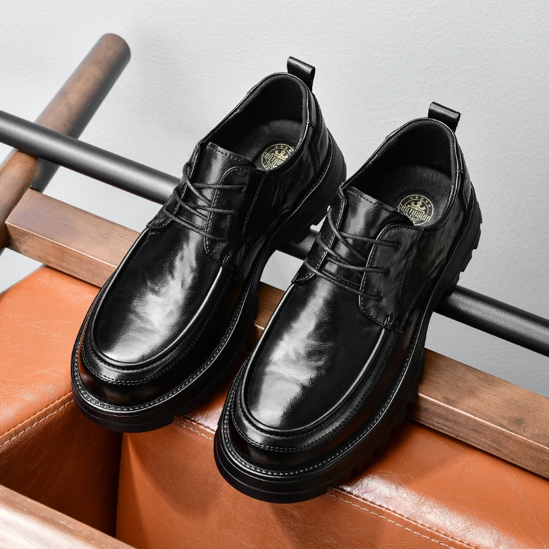 1625休闲男皮鞋大头德比时尚男士商务英伦风通勤潮流厚底增高鞋子