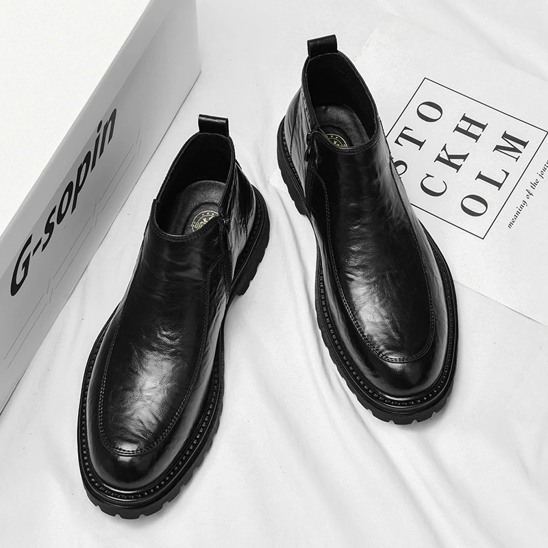 5827马丁靴男款时尚中帮靴男士休闲百搭切尔西潮流黑色耐磨高帮鞋