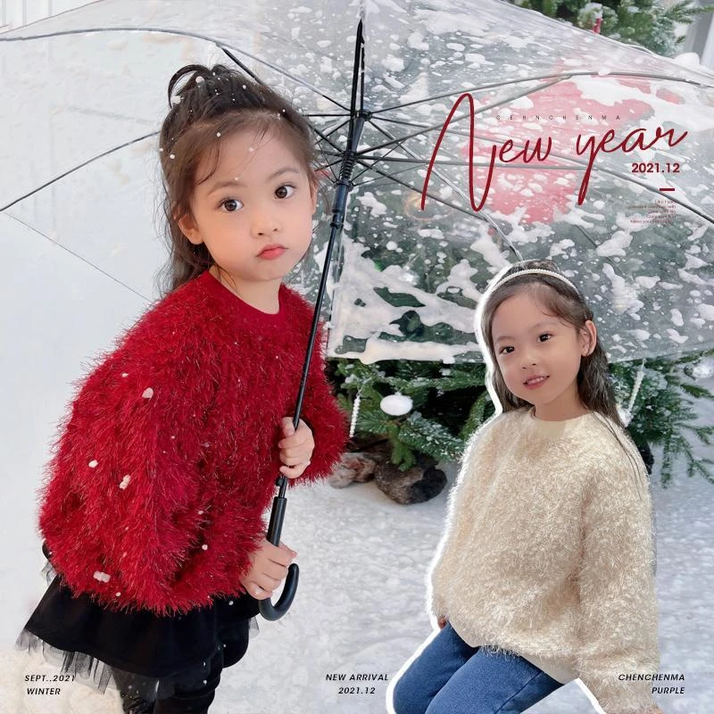 AVZA女童毛衣新年洋气拜年服流苏加绒毛衣2022新款韩版秋冬上衣潮