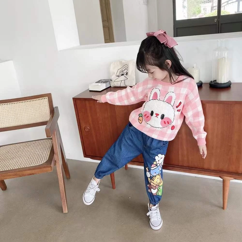 女童刺绣针织套头毛衣儿童宝宝卡通贴绒2023洋气新款秋冬童装