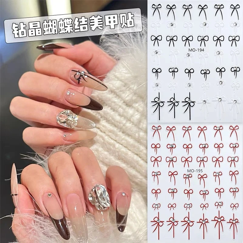 网红爆款晶钻蝴蝶结美甲贴纸浮雕新年日系红色黑白甜美指甲装饰贴
