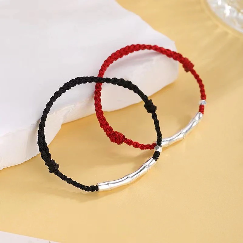 足银手链 999纯银竹节手链情侣款手工编织手串绳可调节简约百搭款