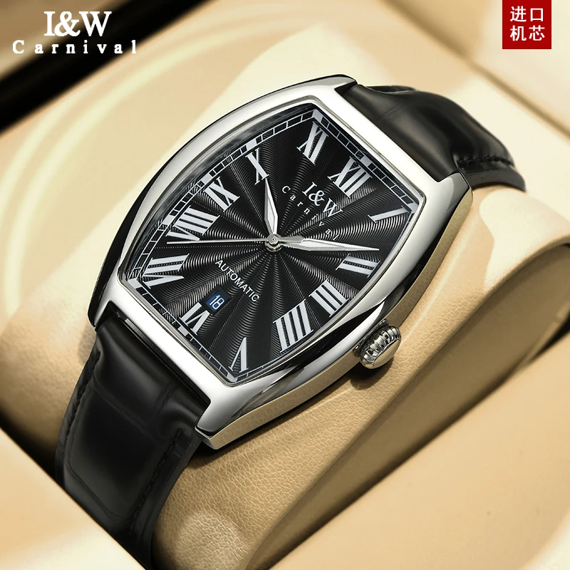 瑞士爱沃驰进口酒桶形全自动机械手表男士日历夜光高档名牌商务表