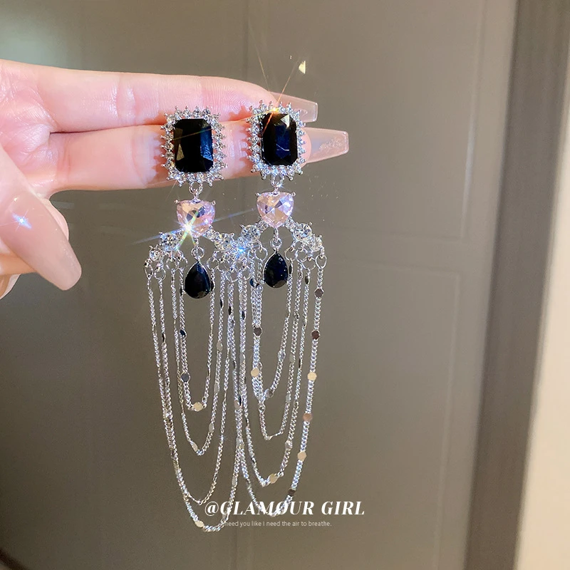 2024新款爱心水滴长方形耳环欧美金属链条流苏夸张耳坠耳饰女