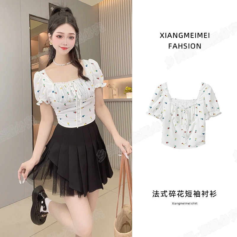新款碎花正肩小个子短袖衬衫女法式甜辣妹方领显瘦短款上衣衬衣