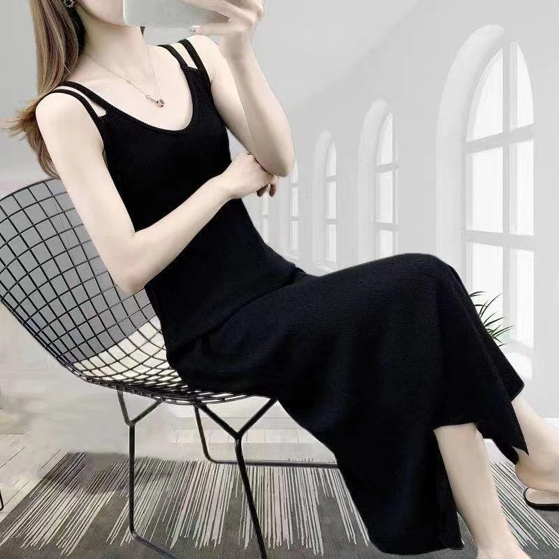 双肩带冰丝吊带裙夏季薄款女百搭优雅垂坠背心裙开叉韩版吊带裙