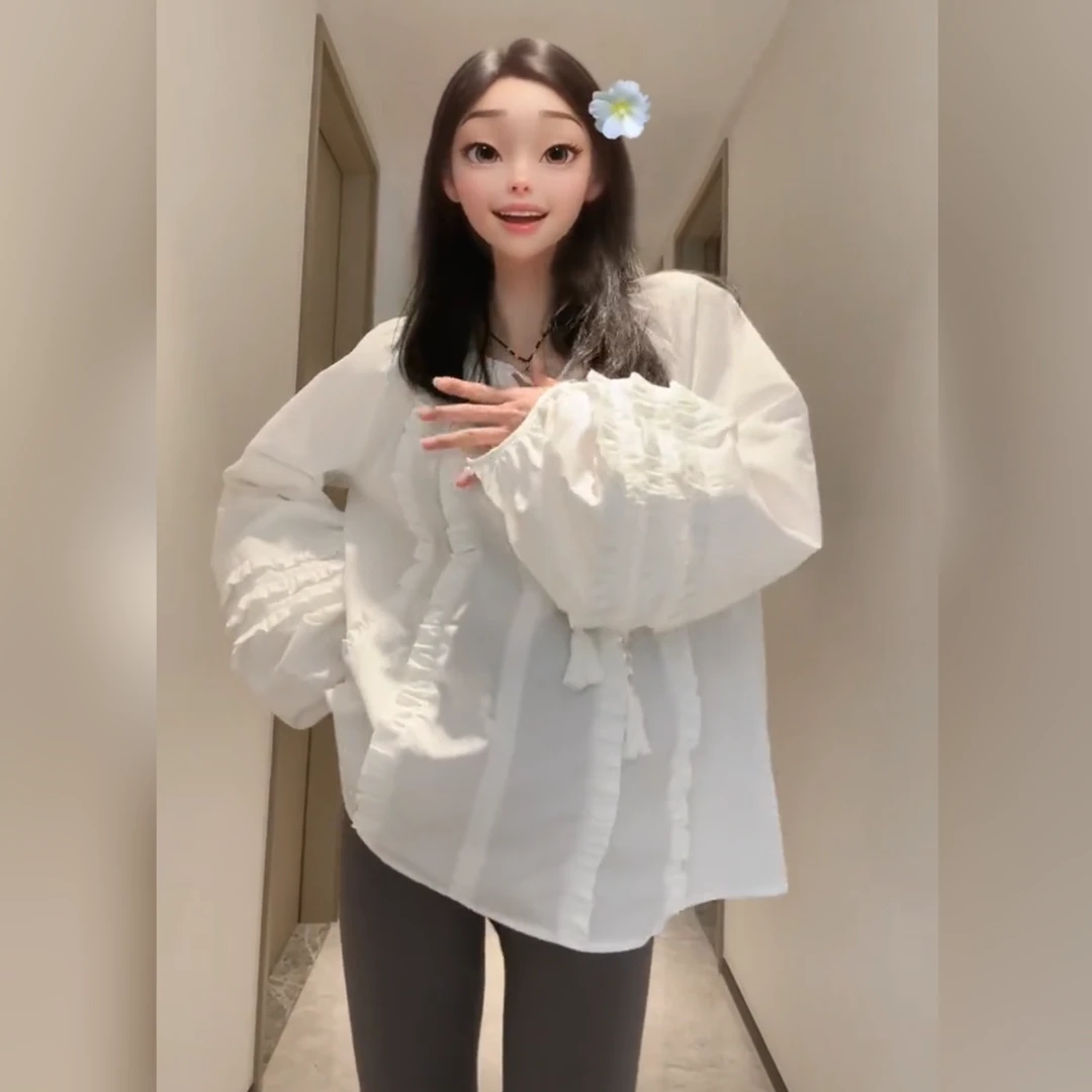 【熹熹】孕妇秋季新款领口系带宽松显瘦袖口荷叶宫廷复古衬衫