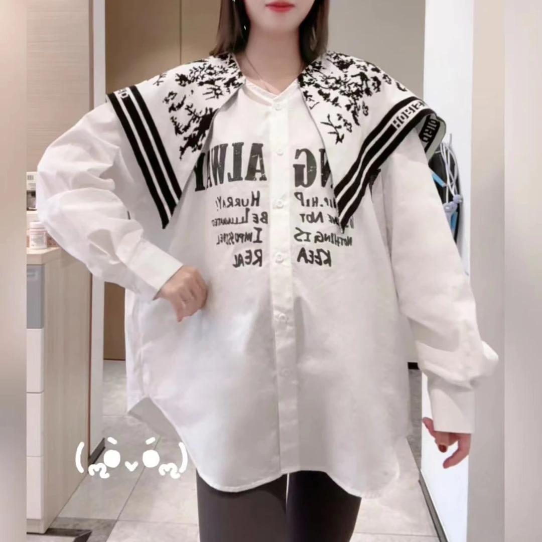 【熹熹】孕妇装秋季字母印花重工黑白花披肩衬衫