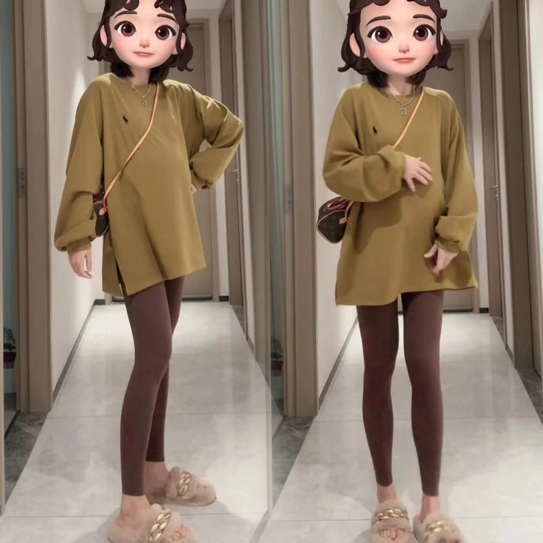 【熹熹】孕妇装秋冬德绒宽松柔软舒适胸口刺绣装饰开衩长袖上衣