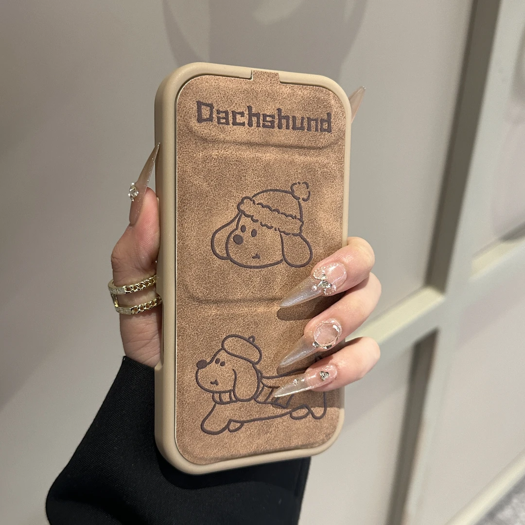 翻盖支架秋冬款适用于苹果16Promax皮革可爱腊肠狗15Promax手机壳