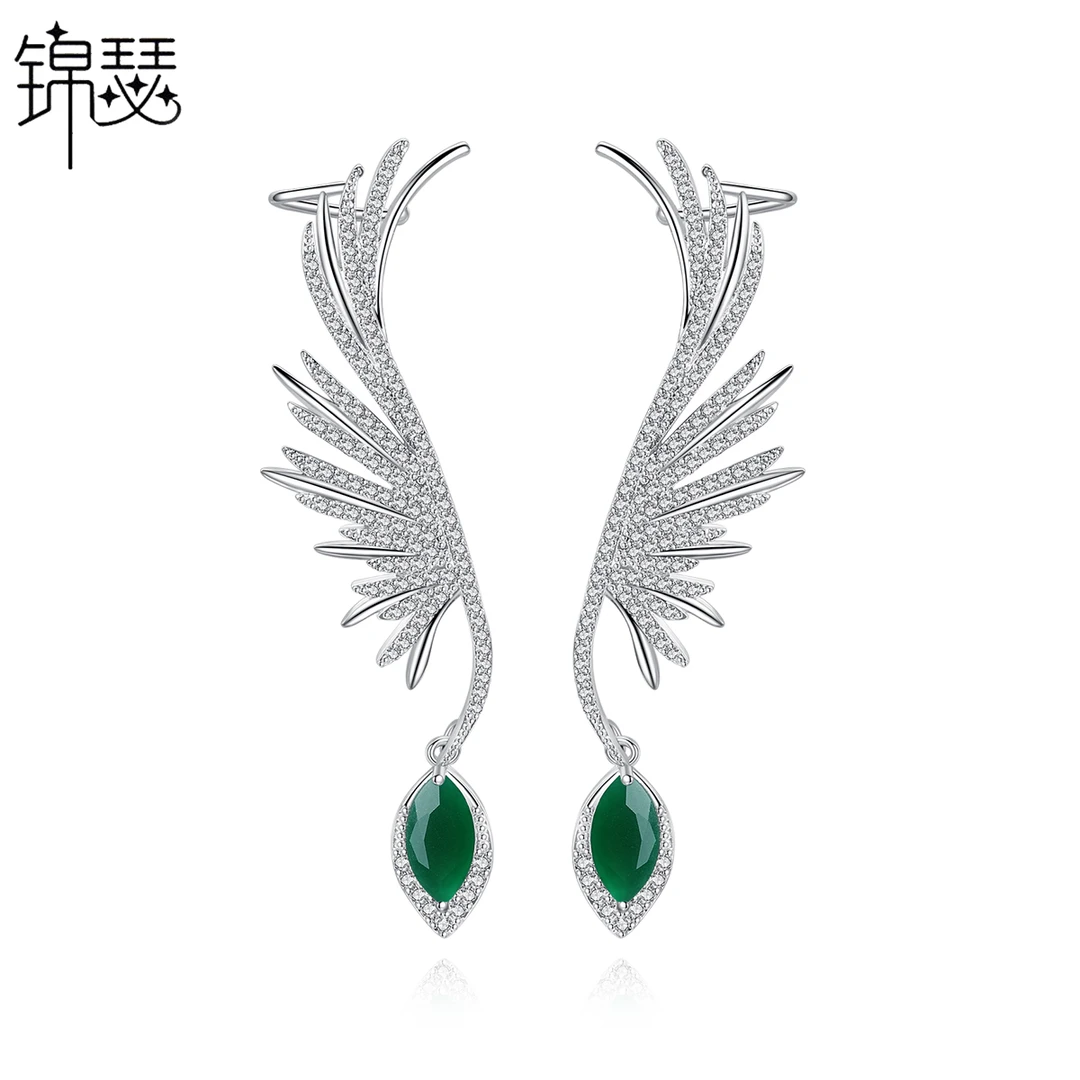 铜合金锆石耳饰 轻奢锡凤耳钉复古女小众羽毛耳夹款耳钉气质耳环