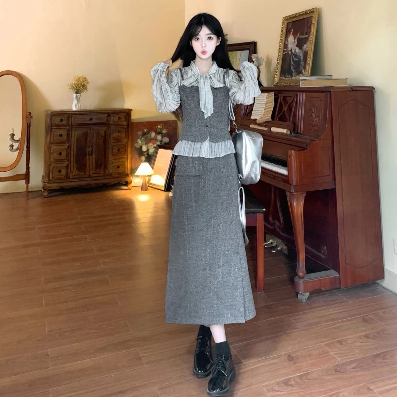 大码女装小香风套装2024秋冬新款系带衬衫半身裙两件套