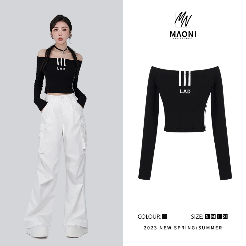 毛妮LADIESFIRST 2023秋冬新品【一字肩T恤】小清新短款上衣D8438