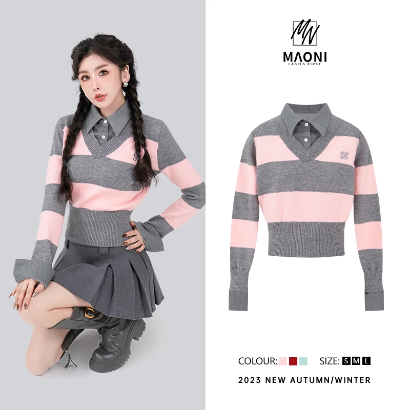 毛妮LADIESFIRST【法式拼色】热力感 宽条纹假两件拼接毛衣D8816