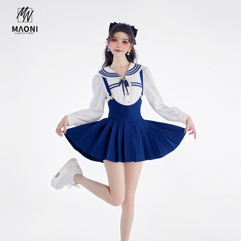 毛妮LADIESFIRST高腰蓝色减龄背带裙半身裙百褶裙显瘦短裙D7022