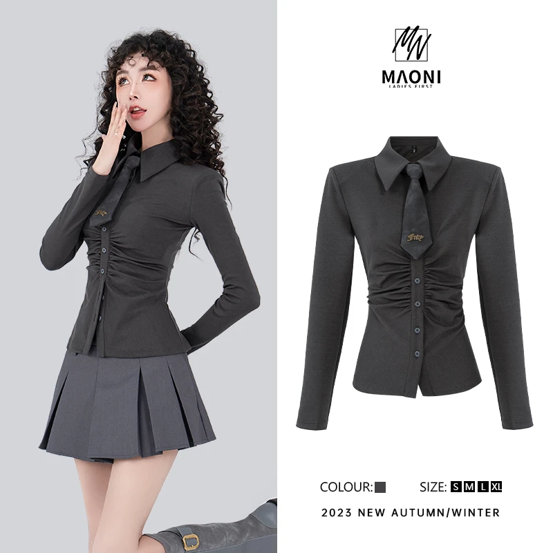 毛妮LADIESFIRST【辣妹褶皱】2023秋冬 修身显瘦衬衫（配领带）D8572