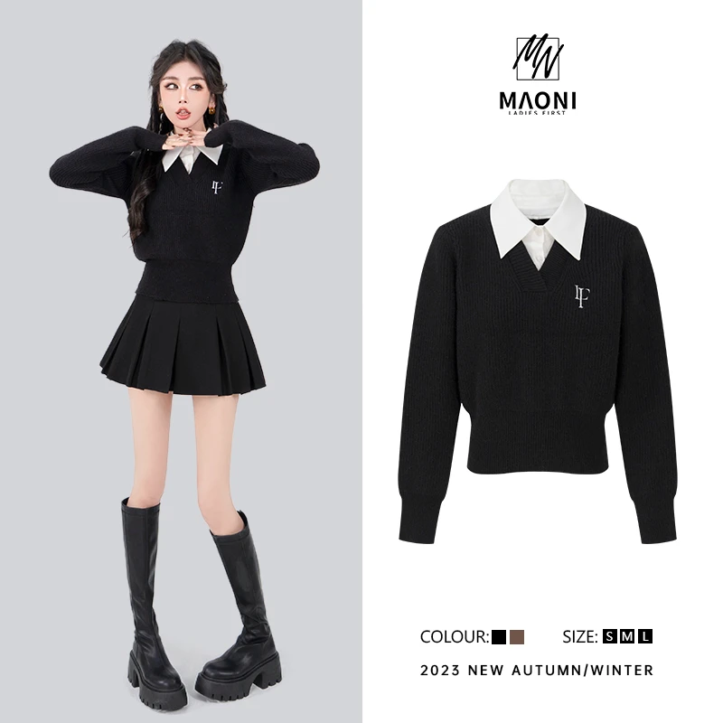 毛妮Peshe【我的女孩】热力感穿搭 学院风减龄拼接毛衣 D8775