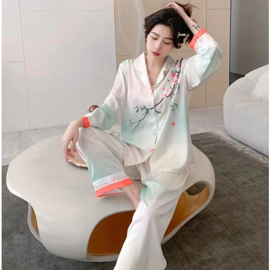 上海故事冰雪丝女士睡衣家居服休闲薄款时尚简约风对襟大码中长款