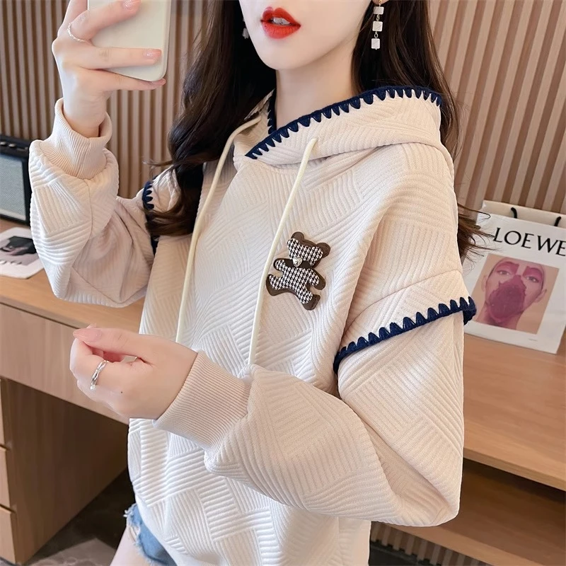 欧米朵设计感小众连帽卫衣女春秋季宽松假两件百搭长袖t恤上衣女