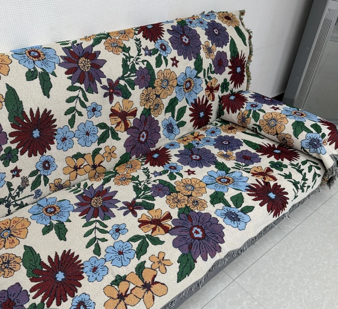 【繁花】沙发垫编织提花汉麻直排沙发巾双面流苏款