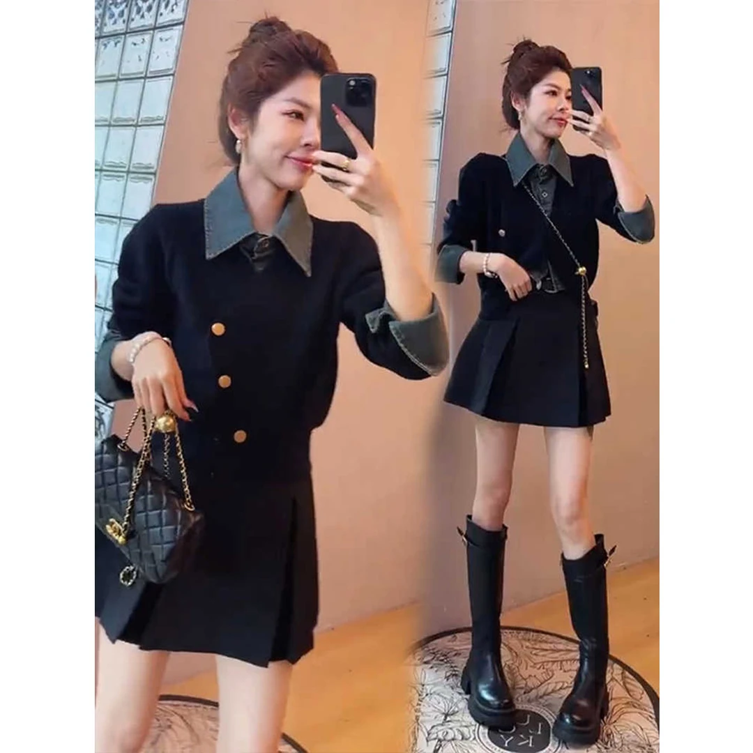 秋款套装女2024新款爆款V领拼接牛仔PO领假两件毛衣半身裙两件套