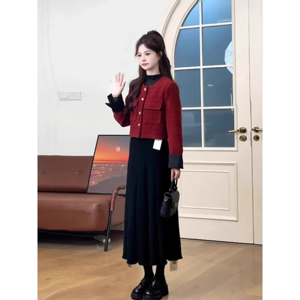 秋冬红色小香风套装裙端庄大气女装高级感小个子时尚半身裙两件套