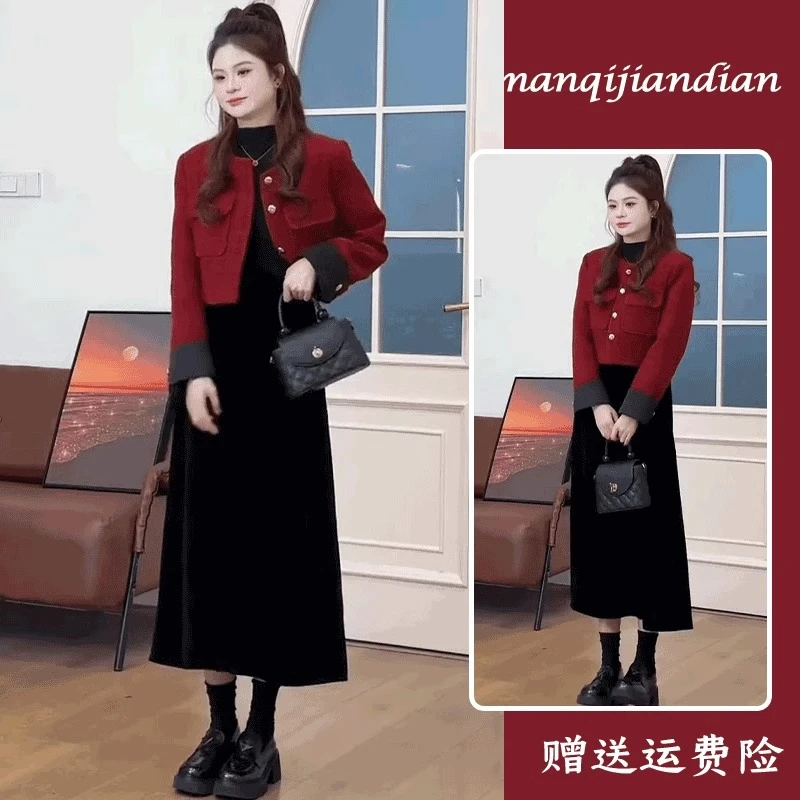 秋冬红色小香风套装裙2024新款高级感气质减龄短外套半身裙两件套