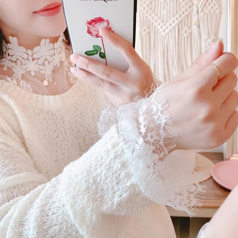 秋装新款长袖打底衫女法式复古网纱蕾丝衫宫廷蕾丝内搭上衣百搭