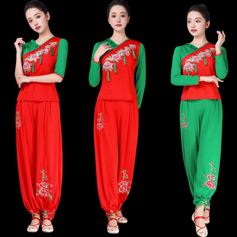 新款牛奶丝绣花广场舞服装女中年秧歌舞长袖中袖灯笼裤表演服2023