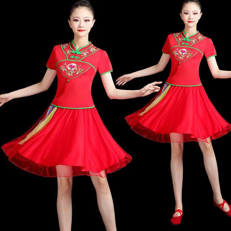 跳舞衣服女套装民族风短裙新款大码广场舞服装夏装舞蹈比赛演出服