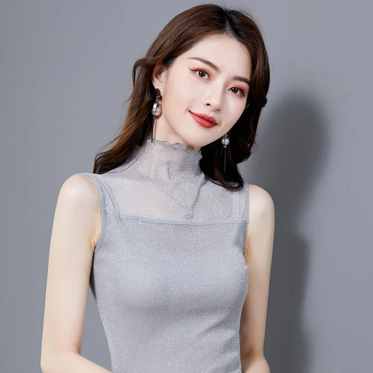 半高领打底衫紧身内搭上衣蕾丝T恤薄2023春夏网纱无袖背心女亮丝