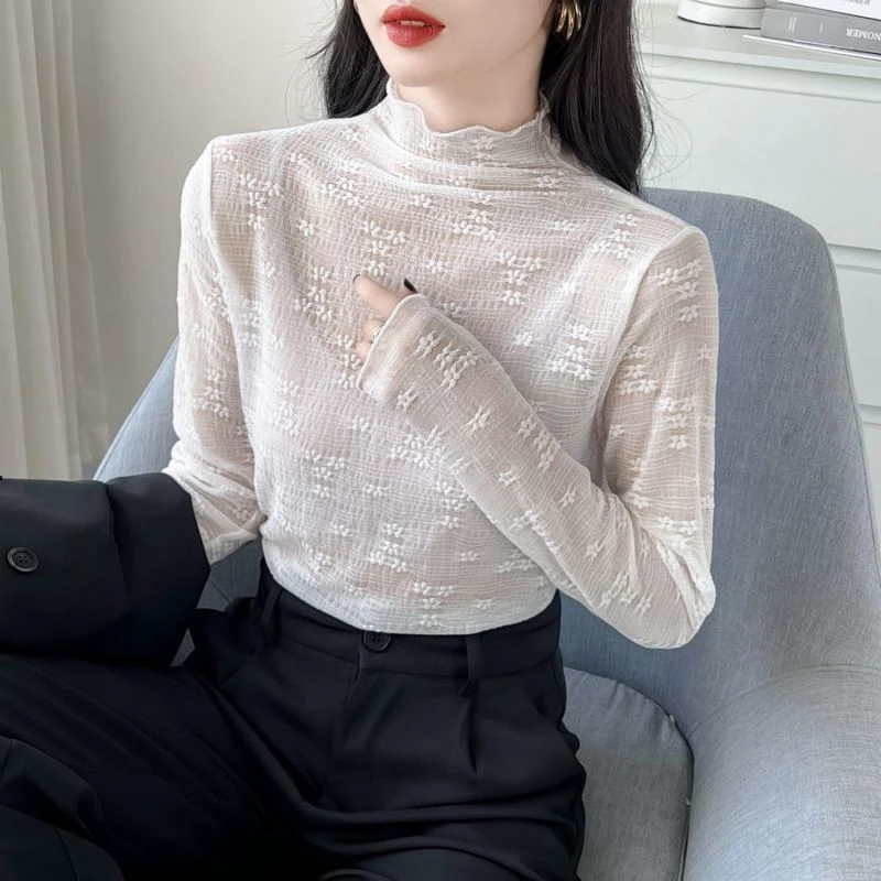 蕾丝打底衫内搭女新款2023新款木耳边上衣高级感薄款半高领小衫